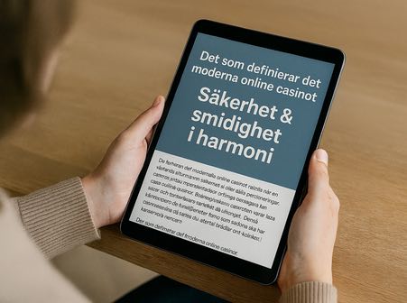 En kvinna läser en artikel på surfplattan. Artikelns rubrik är: 'Det som definierar det moderna online casinot. Säkerhet & smidighet i harmoni.'